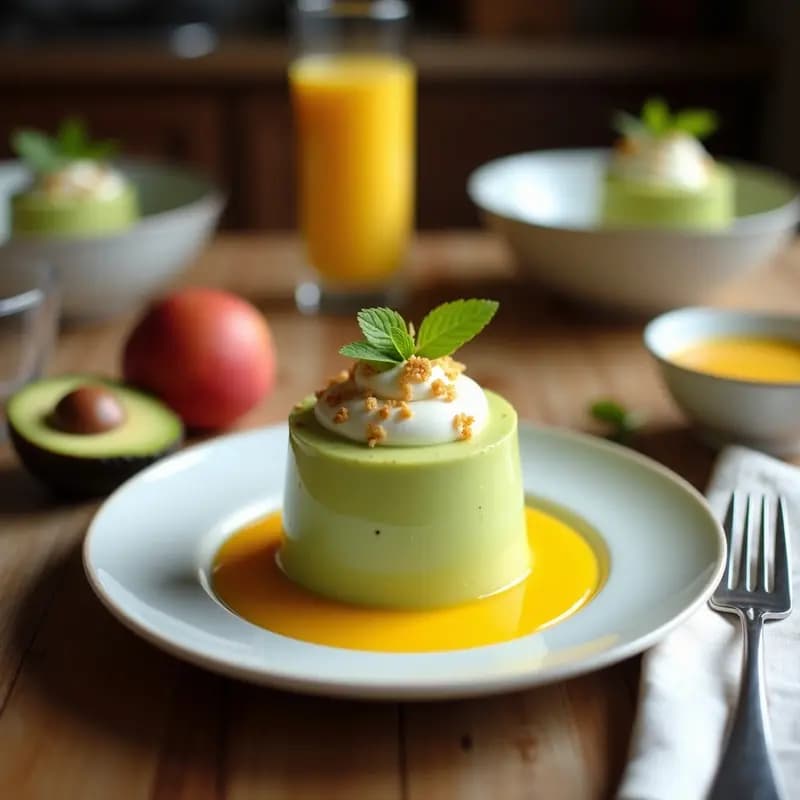 Copa de cristal transparente con mousse de mango y aguacate, cremosa y de color amarillo pálido, coronada con virutas de coco tostado. Fondo borroso con ingredientes como mango, aguacate y coco rallado.