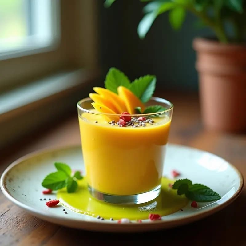 Copas de cristal transparente con mousse cremosa de mango y aguacate, coronada con cubos de mango fresco, hojas de menta y un hilo dorado de vinagreta de lima con semillas de chía. Postre mexicano sin lácteos sobre fondo rústico de madera.