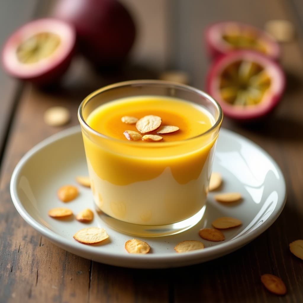 Copa de cristal transparente con mousse de mango y chía de color dorado, coronada con un swirl amarillo de pasión fruta y decorada con almendras fileteadas tostadas. Postre peruano sin lácteos, elegante y fresco.