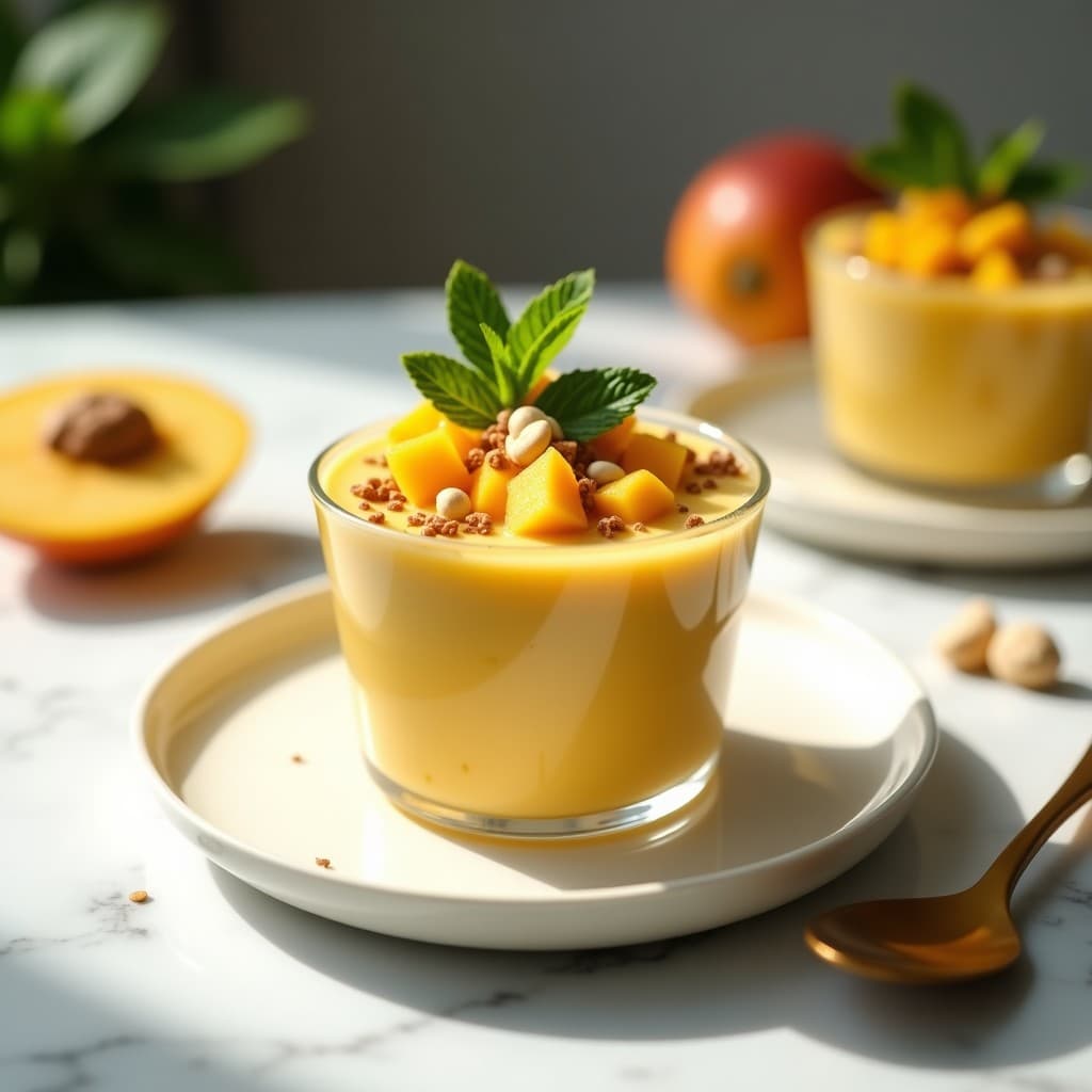 Copas de cristal transparente con mousse de mango y chía vegana, textura cremosa y color dorado, decorada con trocitos de mango fresco y coco rallado sobre fondo blanco rústico.