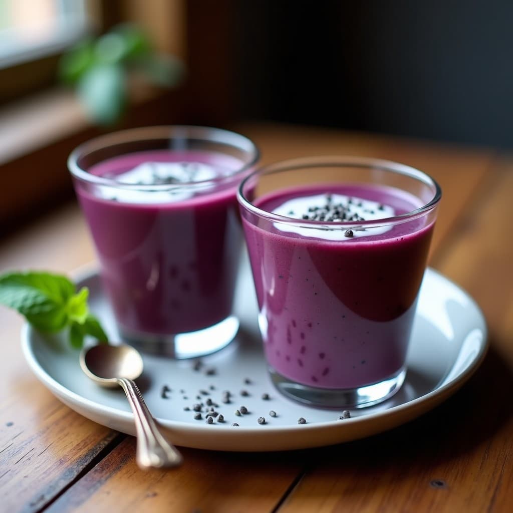 Copas de cristal transparente con mousse de maqui y chía, de color morado intenso, decoradas con semillas de chía y un hilo de leche de coco, sobre fondo rústico de madera con hojas de menta.