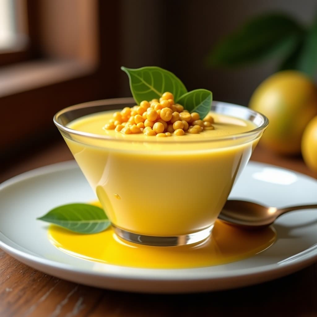 Copa de cristal transparente con mousse de maracuyá y aquafaba de color amarillo brillante, coronada con semillas de sacha inchi doradas. Postre peruano sin lácteos, servido sobre una mesa de madera rústica con hojas de maracuyá como decoración.
