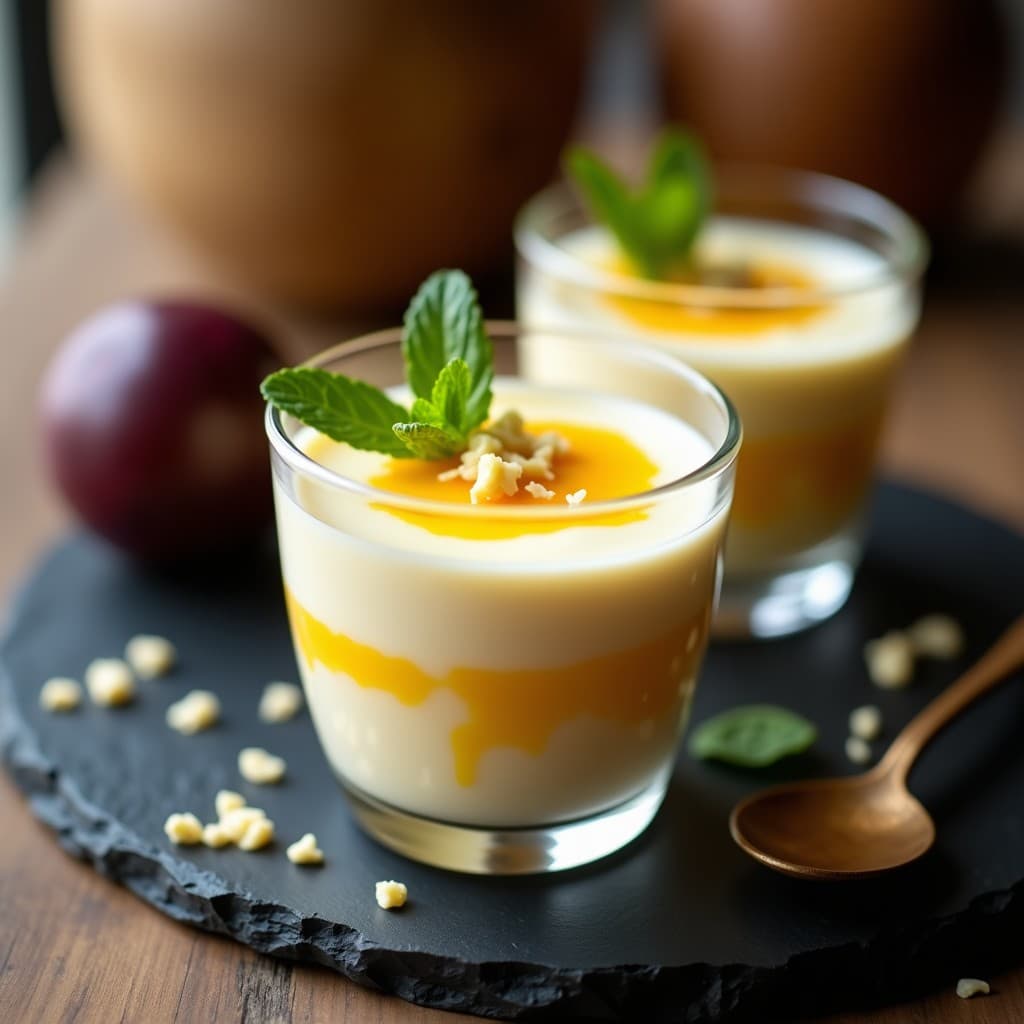Copa de cristal transparente con mousse de maracuyá y chocolate blanco sin azúcar, decorada con hilo de pulpa amarilla y virutas de chocolate blanco sobre fondo oscuro.