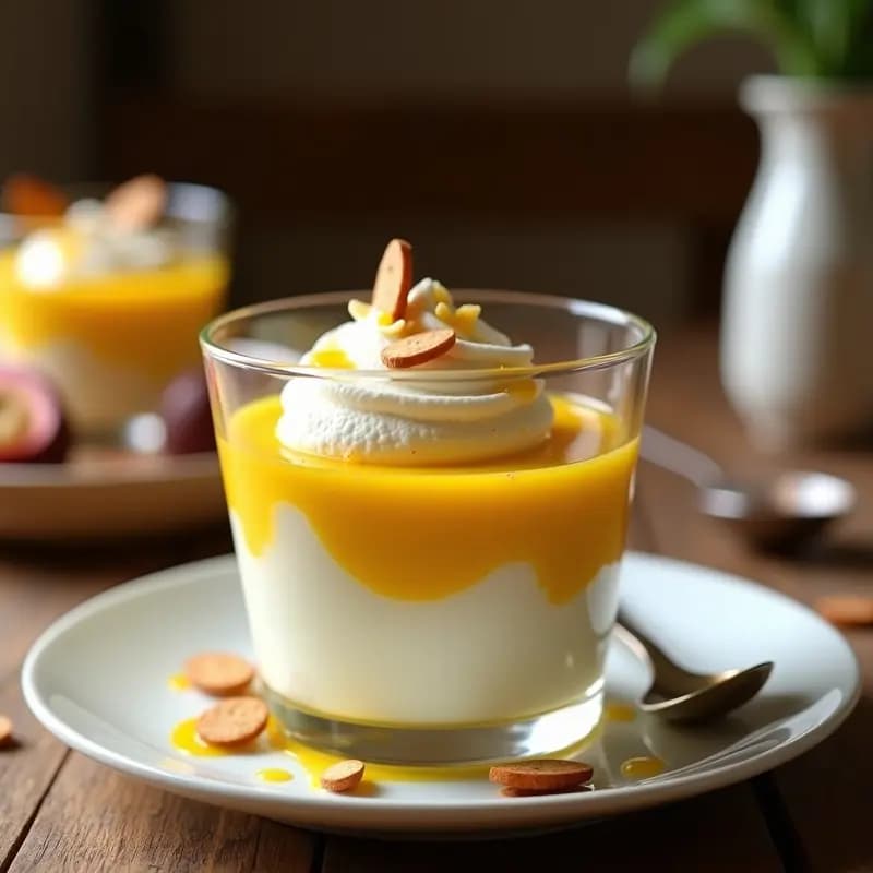 Copa de cristal transparente con capas de mousse de maracuyá amarilla vibrante y merengue suizo blanco esponjoso, decorada con almendras fileteadas doradas. Postre brasileño sin lactosa con textura aireada y presentación elegante.