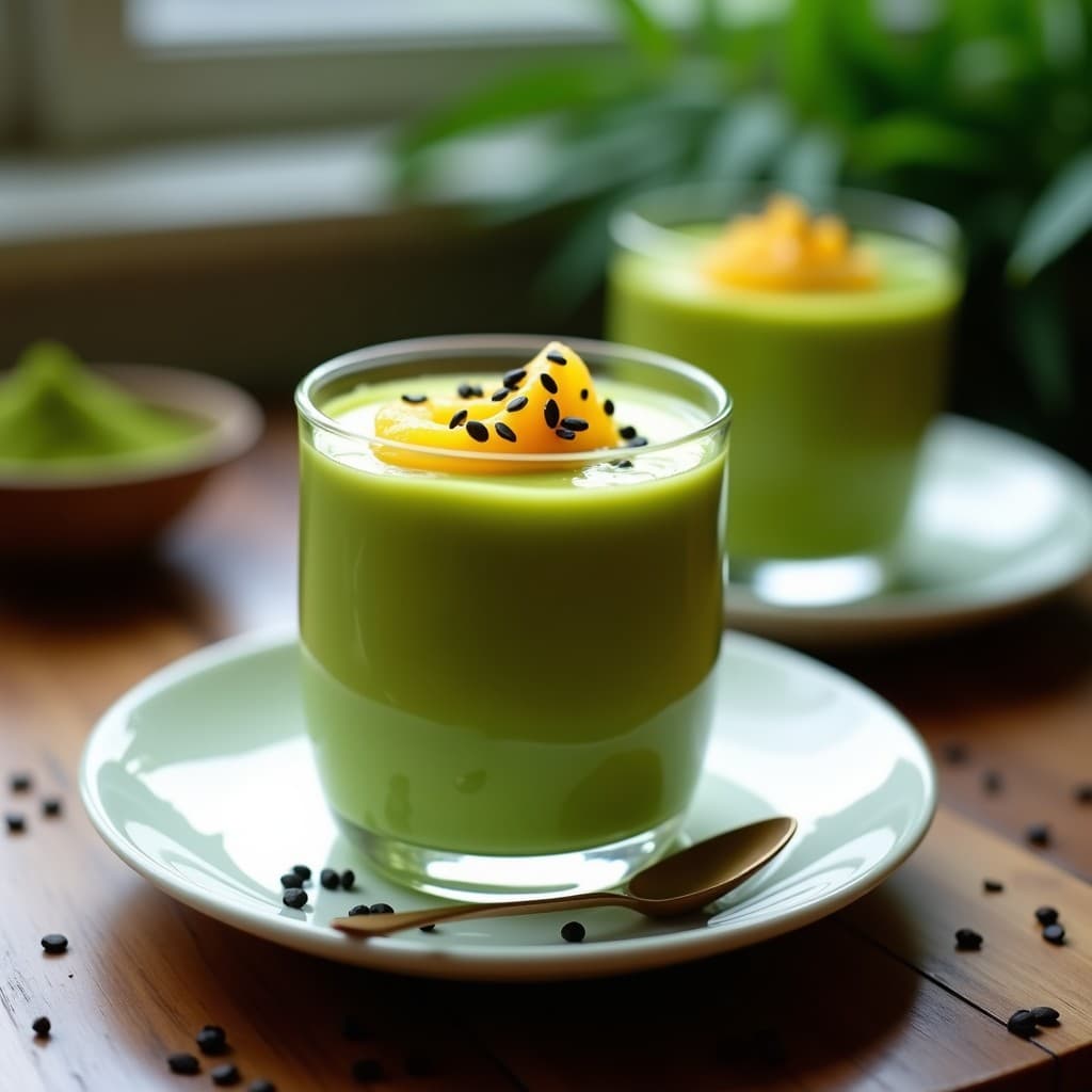 Copa de cristal transparente con mousse verde esmeralda de matcha y aguacate, coronada por pulpa dorada de granadilla y semillas de sésamo negro. Postre colombiano sin lácteos, cremoso y elegante.