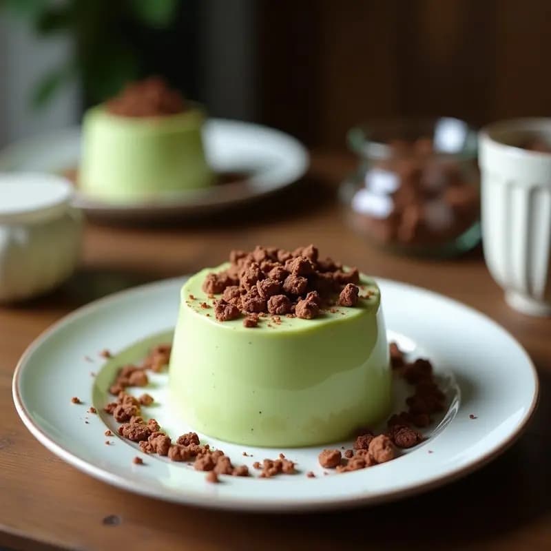 Copas de cristal transparente con mousse de matcha y coco de color verde suave, coronada con virutas de chocolate 100% y coco rallado, sobre un fondo blanco con hojas de menta fresca y una cuchara de postre.