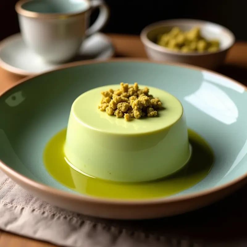 Copas transparentes con mousse de matcha y coco de color verde claro, decorada con coco rallado blanco y crujiente de pistacho verde tostado, postre keto sin cocción.