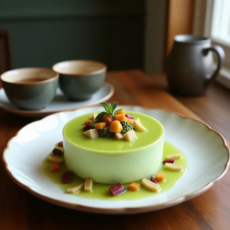 Copas de cristal transparente con Mousse de Matcha y Coco vegano, decoradas con coco rallado y un suave polvo de matcha en la superficie. Textura sedosa y aireada, con un color verde jade intenso. Fondo minimalista con hojas de bambú.