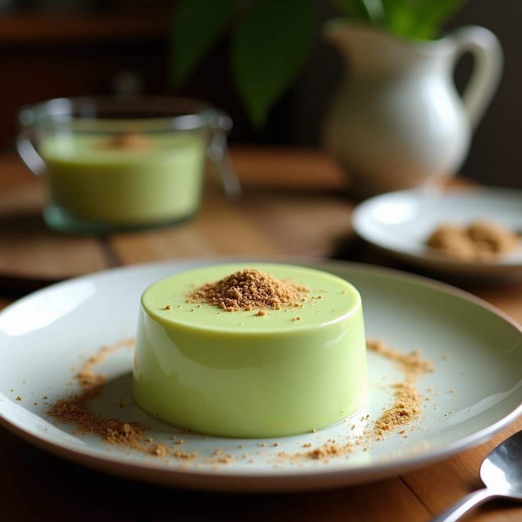 Copa de cristal transparente con mousse de matcha y coco vegana sin azúcar, color verde esmeralda intenso, decorada con coco rallado y semillas de chía, sobre fondo de madera clara con hojas de menta fresca.