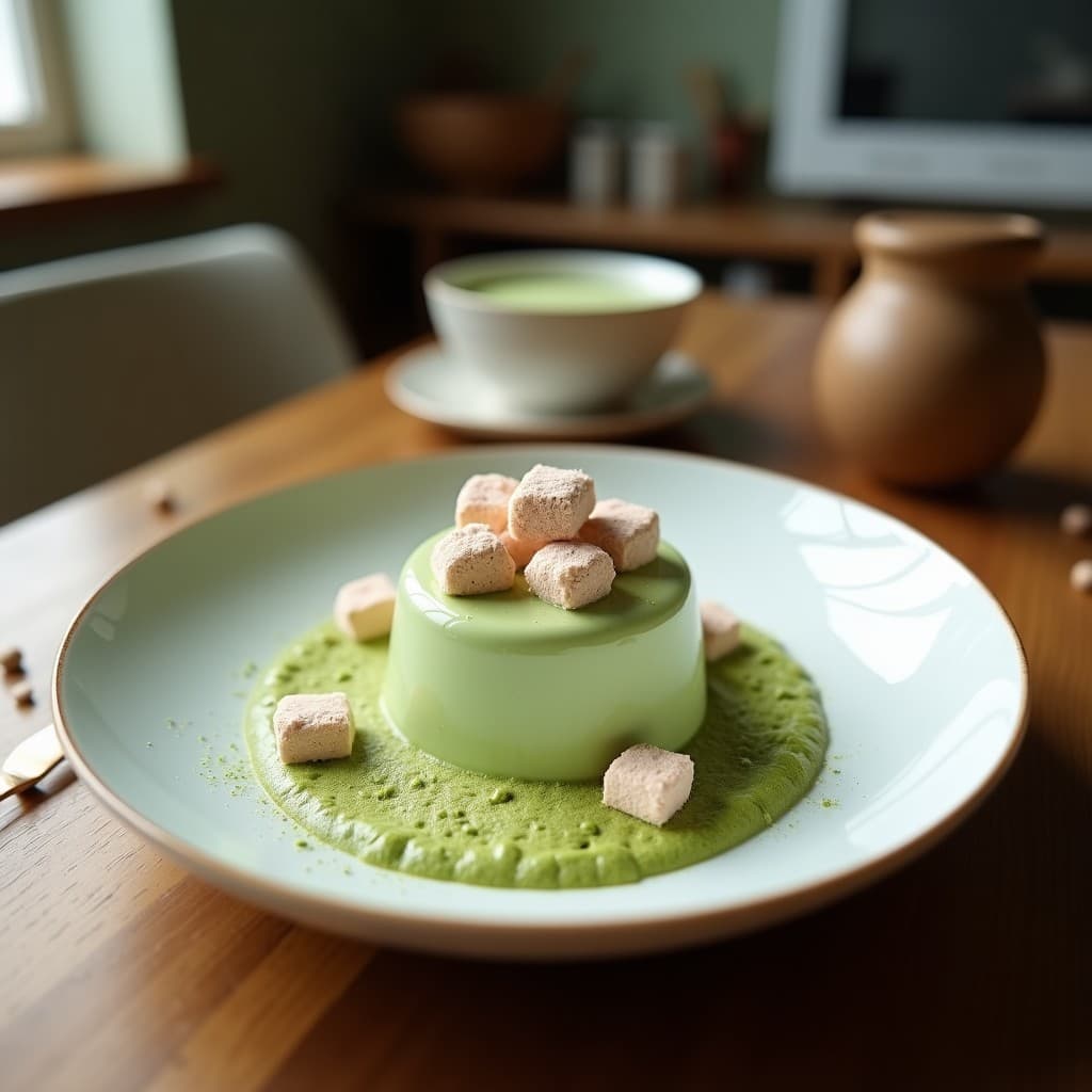 Copa de cristal transparente con mousse de matcha vegano de color verde esmeralda, coronada con marshmallows veganos troceados y un espolvoreado de matcha en polvo. Fondo minimalista con elementos japoneses como una cuchara de bambú.