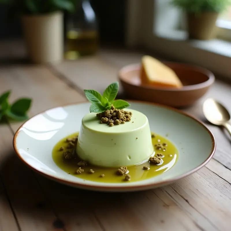 Copa de cristal transparente con mousse de matcha y yogur griego de color verde suave, decorada con zeste de limón amarillo y virutas de chocolate negro sobre fondo blanco. Postre alto en proteína y antioxidantes.