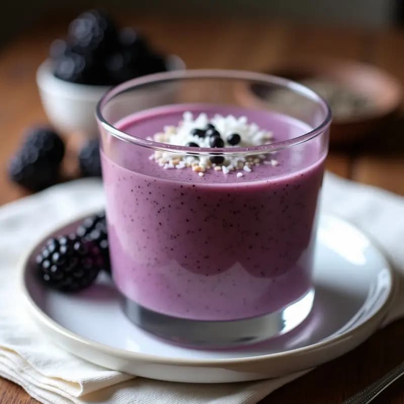 Copa de cristal transparente con mousse de moras de Andes y chía, decorada con coco rallado y semillas de chía. Postre colombiano vegano y sin azúcar, textura cremosa y color morado intenso. Fondo blanco con detalles rústicos.