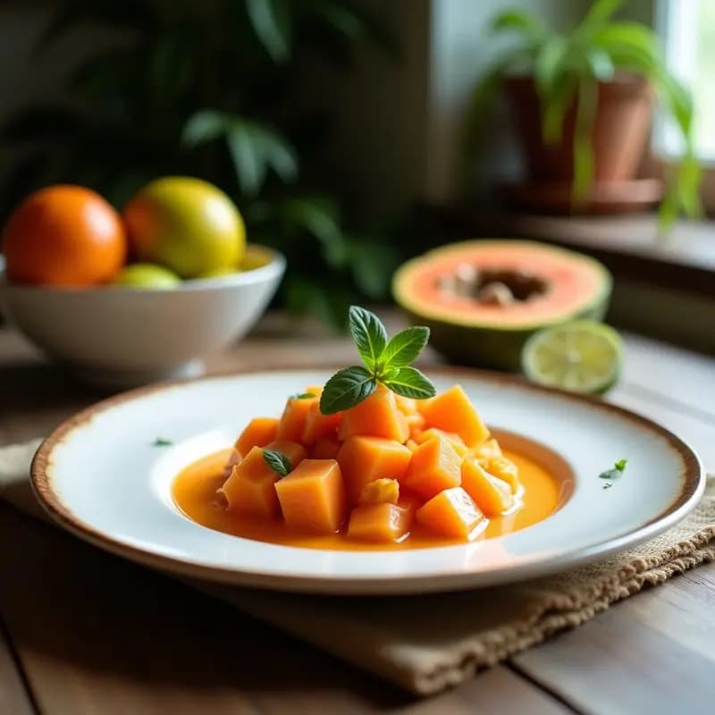 Copa de cristal transparente con mousse de papaya y lima de color naranja suave, coronada con granola de coco dorada y almendras, decorada con rodaja de lima y coco rallado sobre fondo blanco rústico.