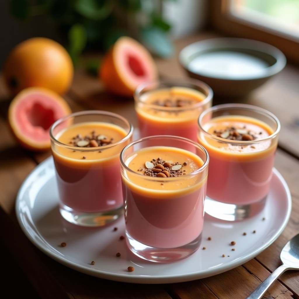 Copas de cristal transparente con mousse de pitahaya rosa y cúrcuma, de color vibrante entre rosa y dorado, coronada con crujiente de almendras y chía. Postre mexicano antioxidante sin azúcar servido en Thermomix, con textura cremosa y aireada.