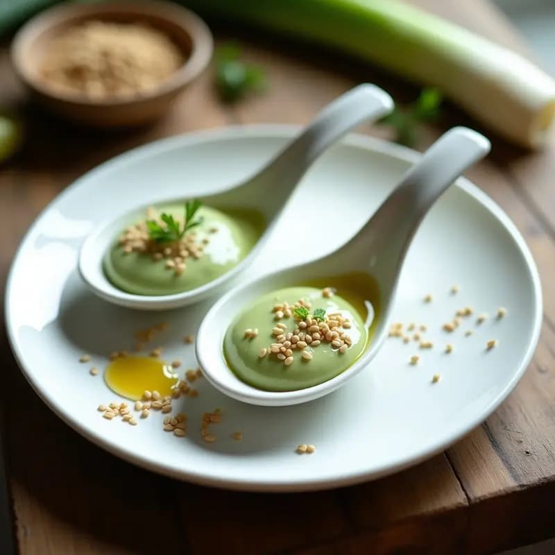 Plato blanco elegante con mousse de puerro y algas wakame, decorado con semillas de sésamo tostadas y un hilo de aceite de oliva virgen extra. Textura cremosa y color verde claro, servido en cucharitas de porcelana sobre fondo rústico de madera.