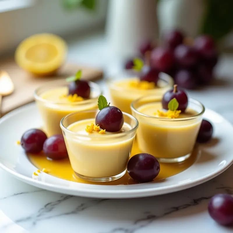 Mousse de uva moscatel y agar-agar en vasitos de cristal transparente, con textura sedosa y color dorado intenso, decorada con uvas frescas y ralladura de limón sobre fondo blanco.