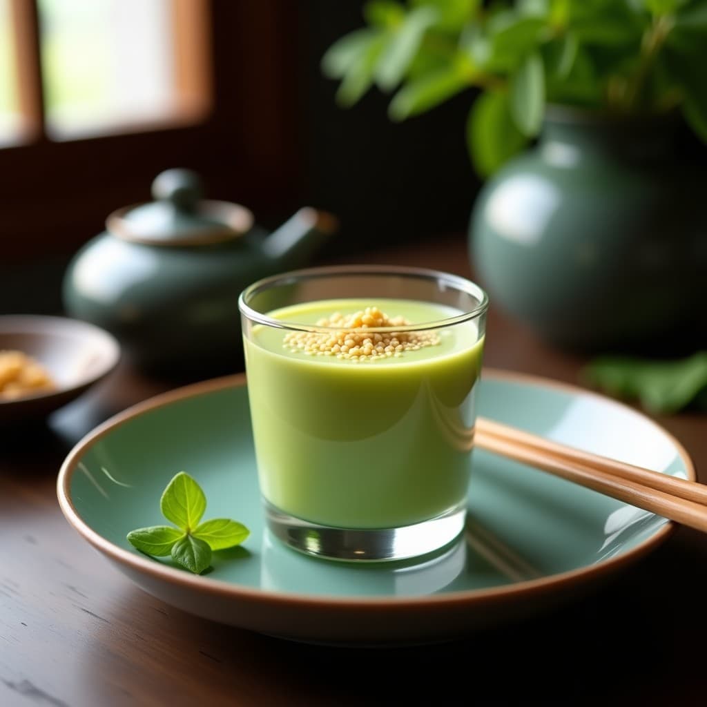 Copa de cristal transparente con mousse verde cremosa de wasabi y aguacate, coronada por un crujiente dorado de sésamo blanco y negro. Plato de entrada japonés vegano, servido sobre una mesa de madera con palillos y hojas de shiso como decoración.