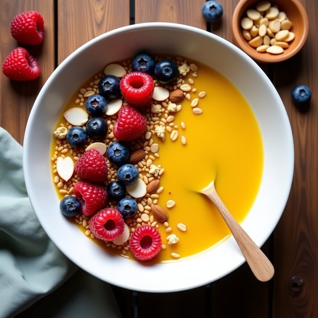 Bol de cerámica blanca con muesli de amaranto y copos de avena remojados en leche de cúrcuma dorada, coronado con frutos rojos frescos, almendras fileteadas y coco rallado. Fondo de madera rústica con cucharita de madera y semillas esparcidas.