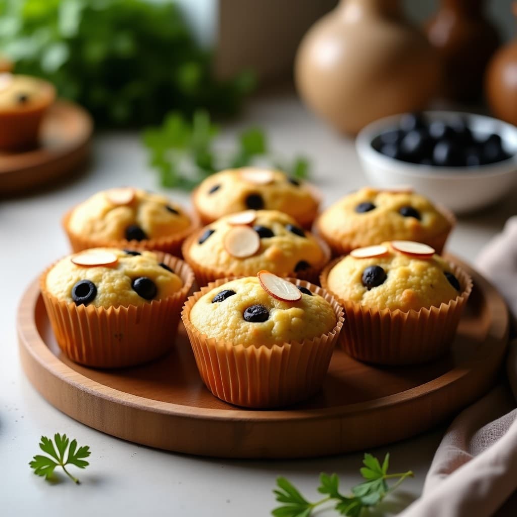 Muffins salados dorados de aceitunas y harina de garbanzo en molde de papel, con almendras fileteadas en la superficie, servidos en una bandeja de madera rústica.