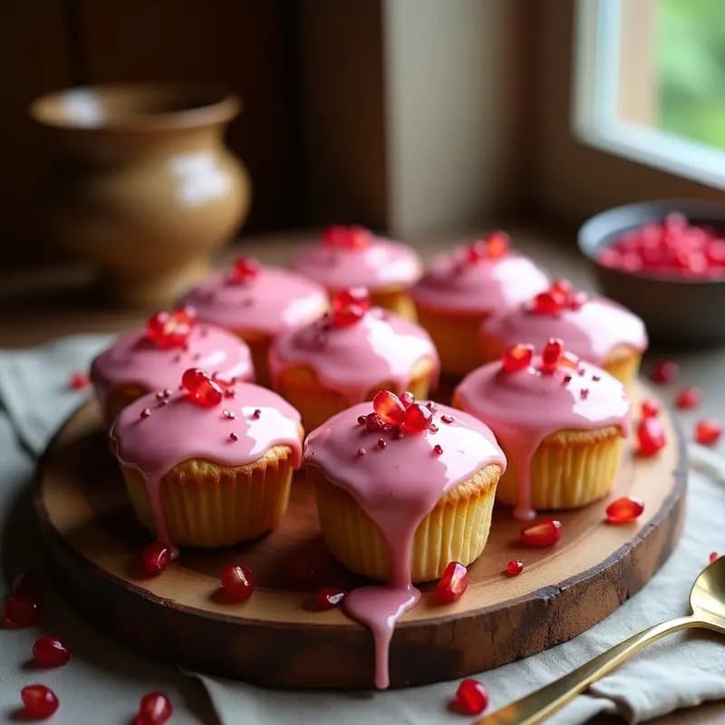 Muffins dorados de harina de almendra con glaseado rosado de rosa mosqueta y semillas de granado, sobre una bandeja de madera rústica con pétalos de rosa scattered. Receta keto persa de desayuno.