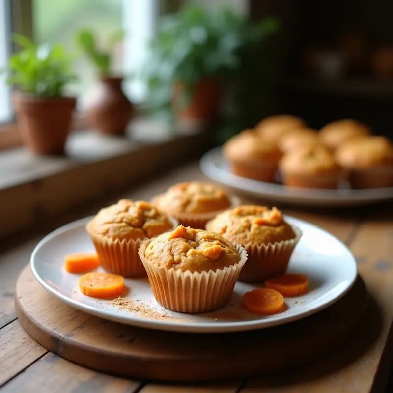 Muffins dorados de avena y puré de boniato con toque de nuez moscada, servidos en cápsulas de papel sobre una mesa de madera rústica, con virutas de boniato y una pizca de canela espolvoreada.