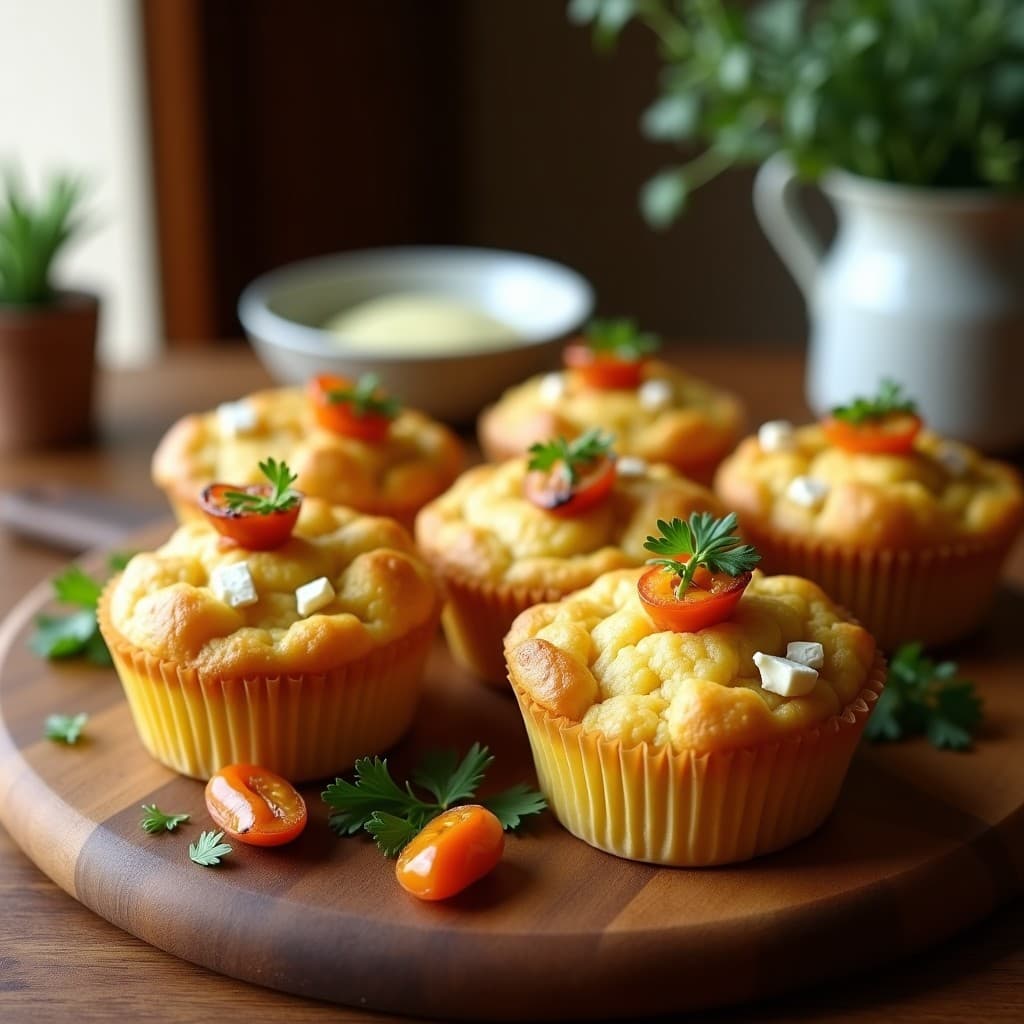 Muffins dorados de bacalao y pimientos del Padrón servidos en molde de papel, con trozos de pimiento asado y queso feta visible en la superficie, sobre una tabla de madera rústica con hierbas frescas.