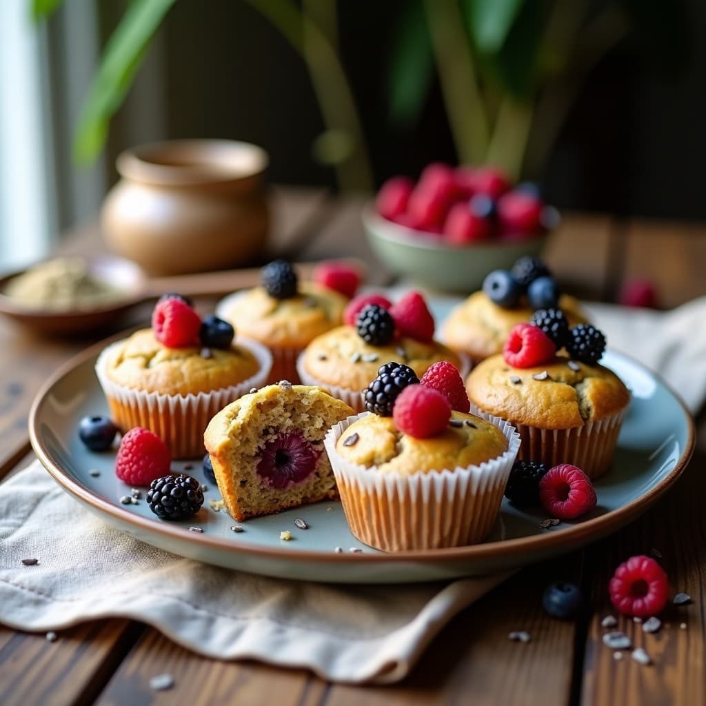 Muffins dorados de harina de banano verde con frutos rojos frescos en la superficie, servidos en cápsulas de papel sobre una tabla de madera rústica. Desayuno sin gluten y prebiótico.