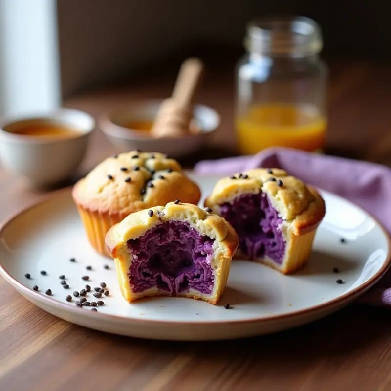 Muffins esponjosos de color morado intenso con semillas de amapola visibles en la superficie, servidos en un plato rústico de cerámica blanca sobre una mesa de madera. Desayuno sin gluten y antiinflamatorio con batata morada.