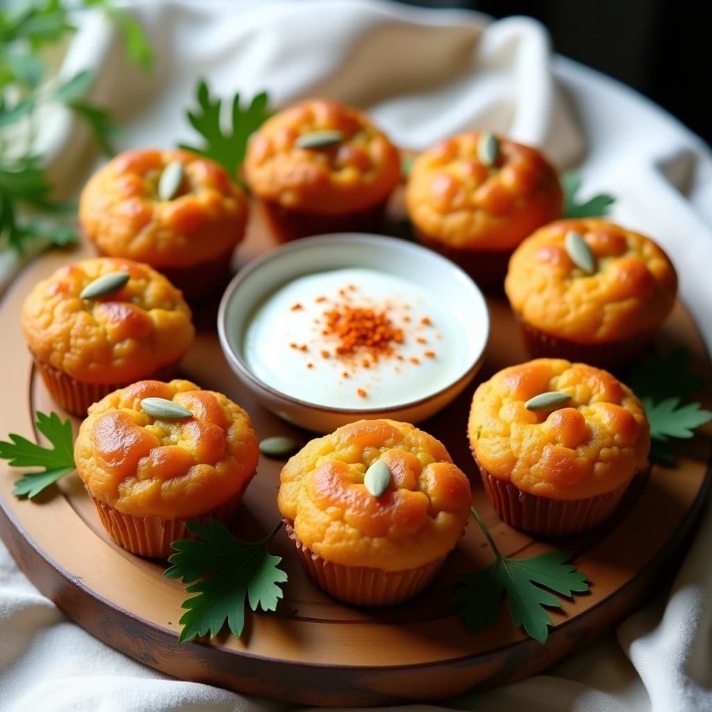 Muffins dorados de batata y semillas de calabaza keto servidos en cápsulas de papel sobre una tabla de madera, con semillas tostadas visibles en la superficie y un fondo borroso de especias y utensilios de cocina.