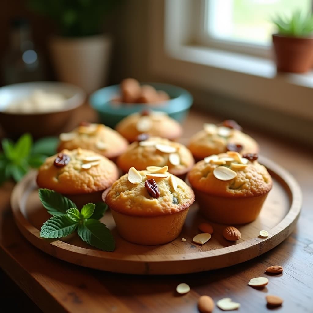 Muffins dorados de calabacín y avena en capsulas de papel, con trozos de nueces visibles, sobre una rejilla de enfriado de madera. Snack saludable sin harina para niños, servidos con un vasito de leche.