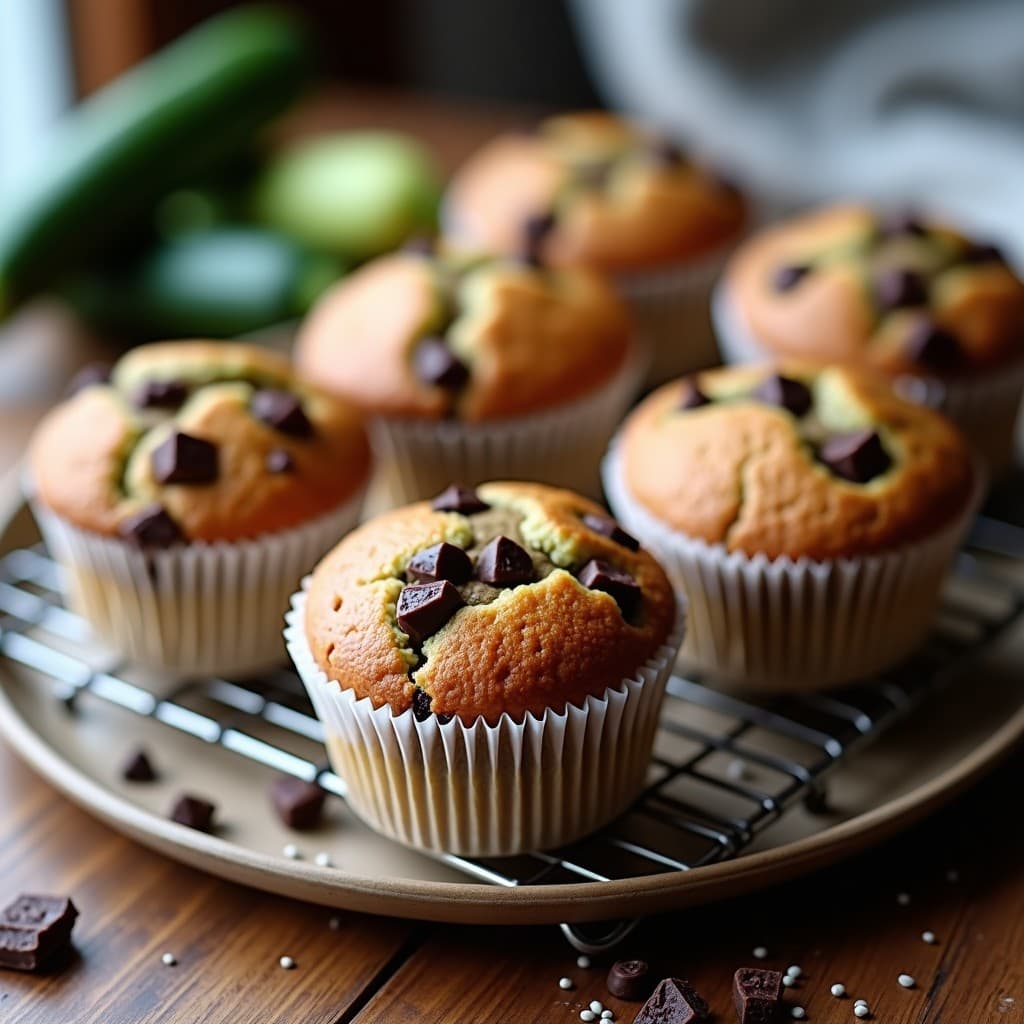Muffins keto de calabacín y chocolate negro sin harinas refinadas, esponjosos y dorados, con trozos de chocolate fundido en la superficie, servidos sobre una rejilla de metal con fondo rústico.