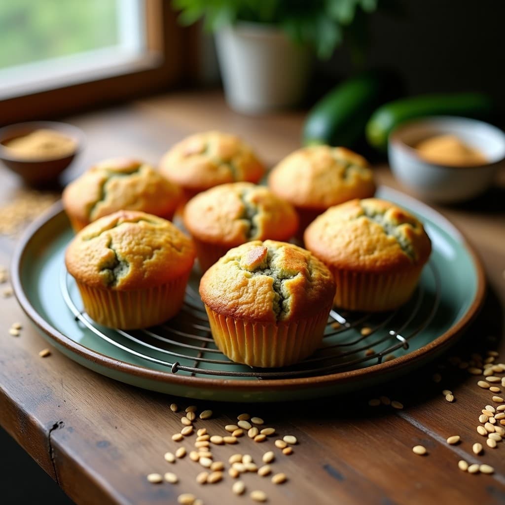 Muffins dorados y esponjosos de calabacín y polvo de hongos Reishi sobre una rejilla de enfriado, con textura húmeda y semillas de lino visibles en la superficie. Plato de desayuno funcional keto con fondo rústico de madera.