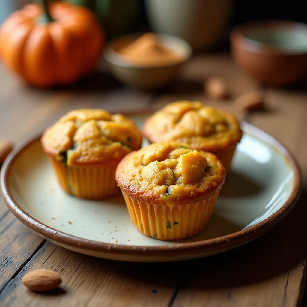Muffins dorados de calabacín y queso de almendras con especias de pumpkin pie, servidos en un plato rústico de cerámica con fondo de madera. Receta keto para desayuno sin harina.