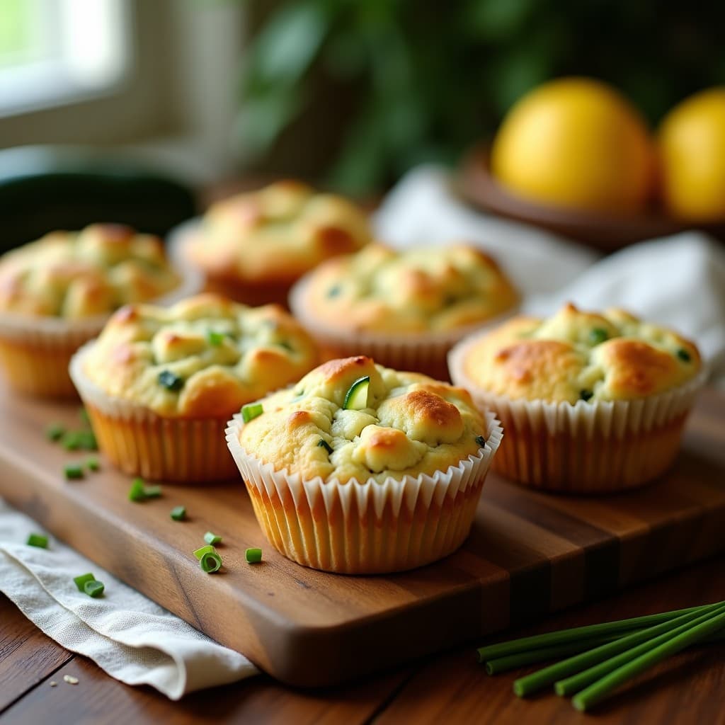 Muffins salados dorados de calabacín y queso de cabra en cápsulas de papel, con trocitos de queso fundido visibles en la superficie, sobre una tabla de madera rústica con hierbas frescas al lado. Receta sin gluten y baja en calorías.
