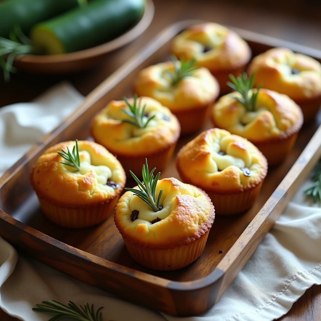 Muffins dorados de calabacín y queso de castañas con toques de romero fresco, dispuestos en una bandeja de madera rústica, receta sin lactosa ideal para tupper.