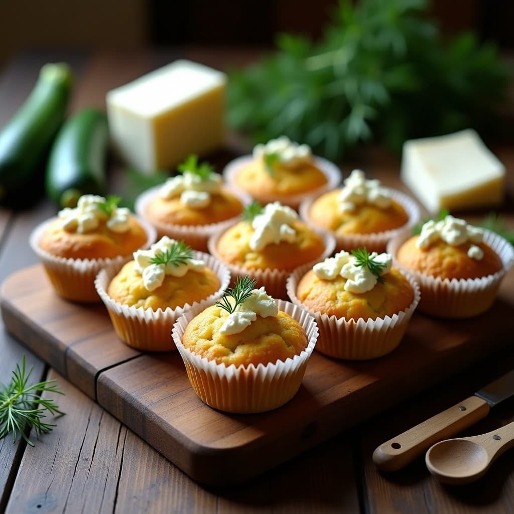 Muffins dorados de calabacín y queso feta en cápsulas de papel, con trozos visibles de queso feta y eneldo fresco, servidos en una bandeja de madera sobre fondo rústico. Receta de desayuno proteico sin harina en Thermomix.