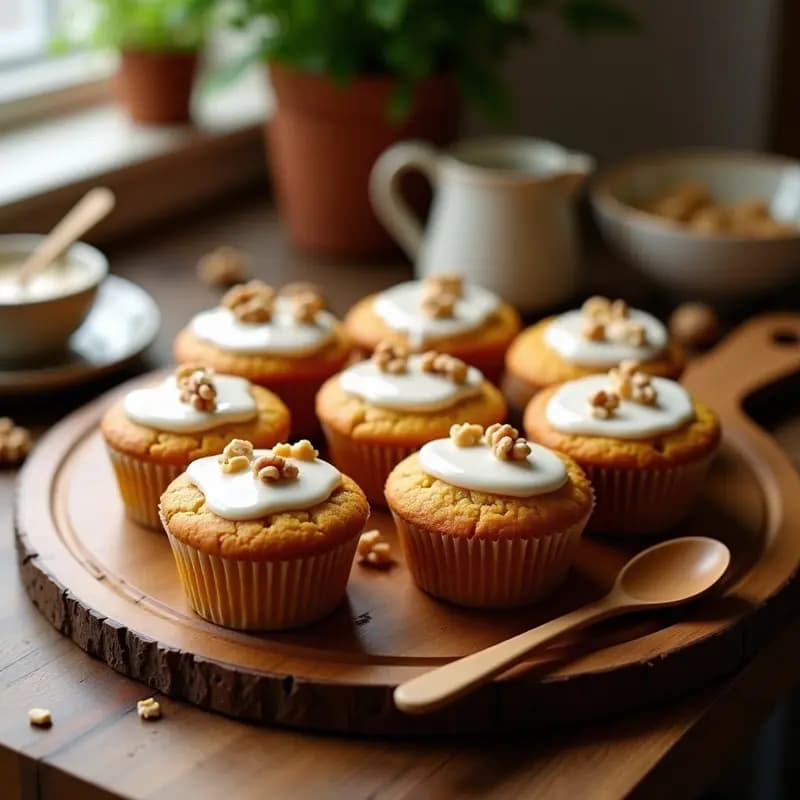 Muffins dorados de calabaza y harina de castaña con glaseado blanco de erythritol, decorados con nueces picadas, sobre una bandeja de madera rústica con fondo borroso. Receta keto sin gluten para desayuno saludable.
