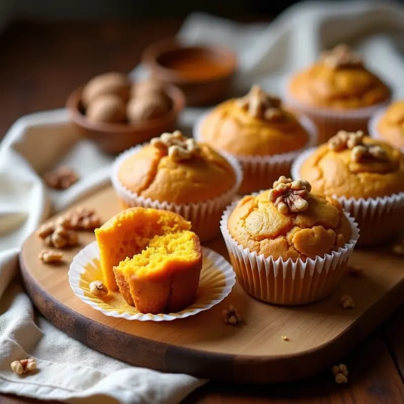 Muffins dorados de calabaza kabocha y jengibre con topping crujiente de nueces, servidos en molde de papel sobre tabla de madera rústica, postre tailandés sin harina.