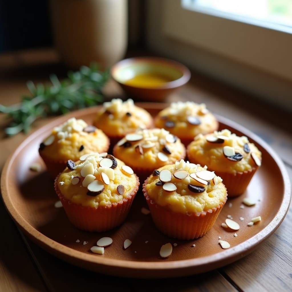 Muffins salados dorados de harina de castaña con trozos de champiñones portobello y queso de cabra, servidos en una rejilla de madera sobre un paño de lino. Receta sin gluten para desayuno.