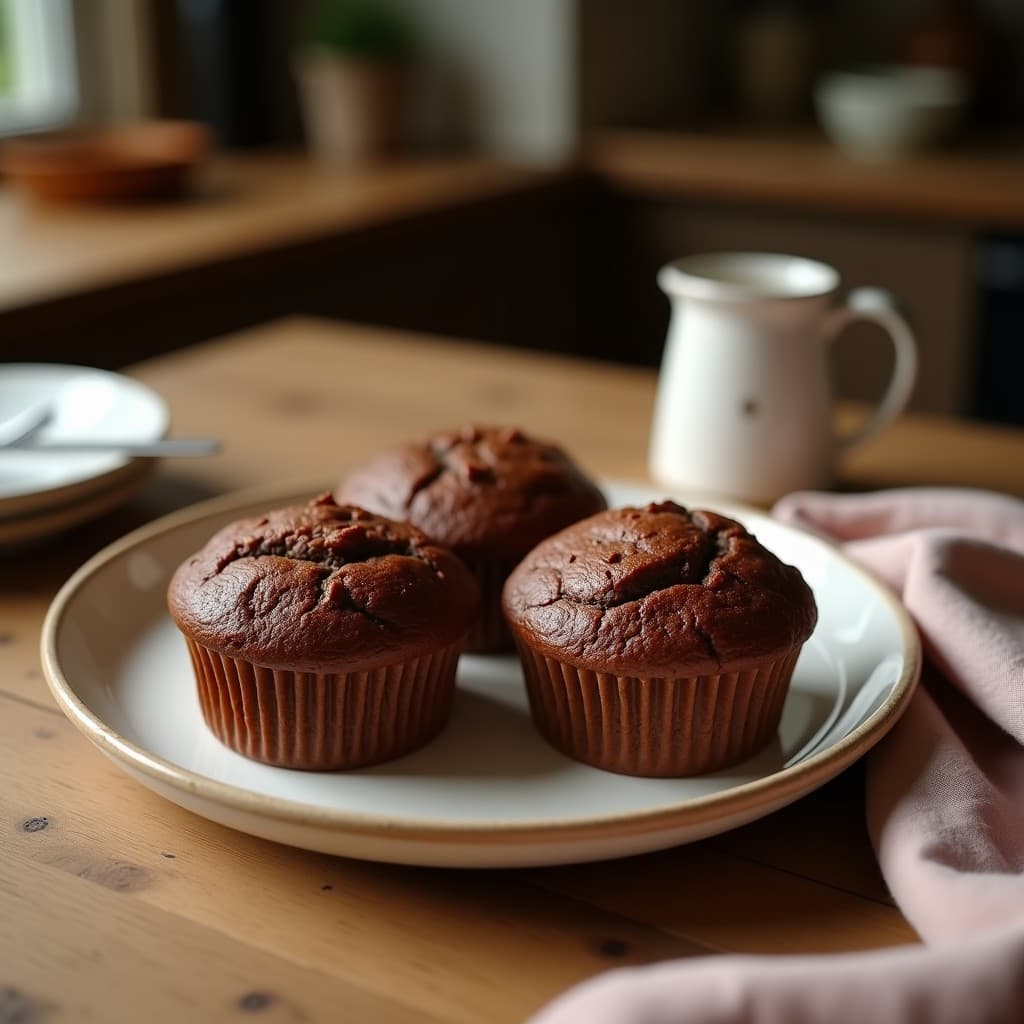Muffins de chocolate y batata sin harina ni azúcar, con textura húmeda y esponjosa, decorados con almendras fileteadas y un toque de cacao en polvo por encima. Plato blanco rústico con fondo de madera clara.