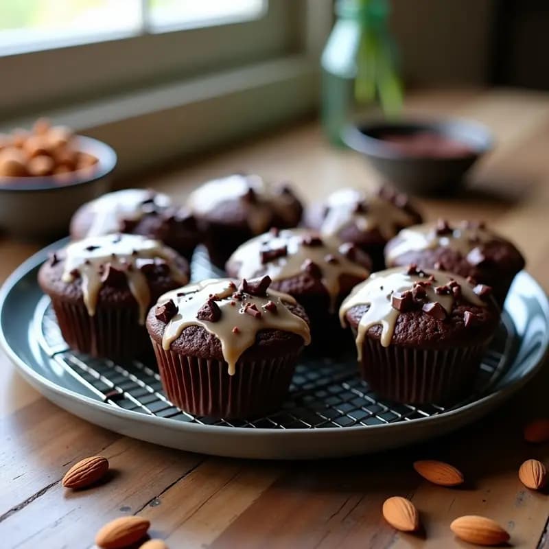 Muffins keto de chocolate negro con harina de grillo, glaseados con crema de proteína de vainilla, sobre una rejilla de enfriado con trozos de chocolate derretido y virutas de almendra.