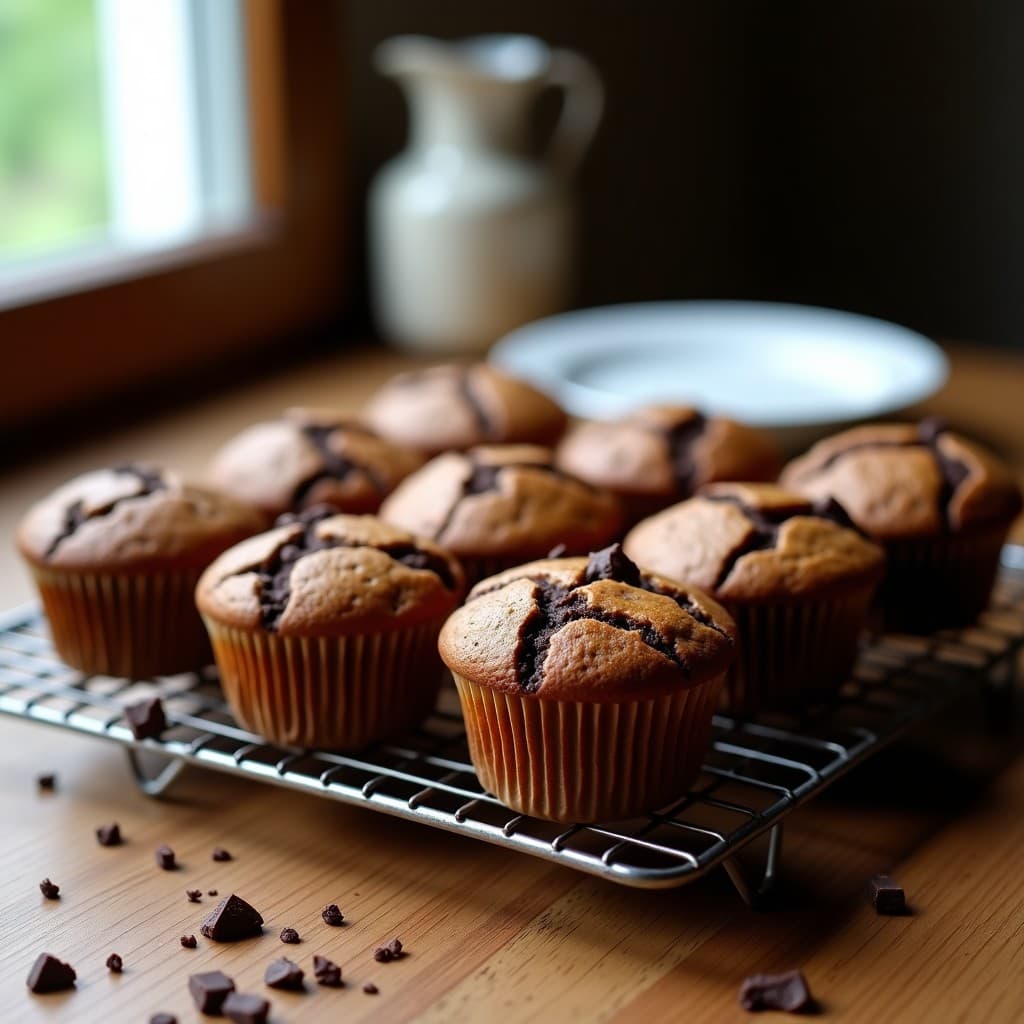 Muffins dorados de chocolate negro y harina de altramuz sobre una rejilla de metal, con textura esponjosa y almendras fileteadas en la superficie, servidos en un plato de cerámica blanca con fondo rústico de madera.