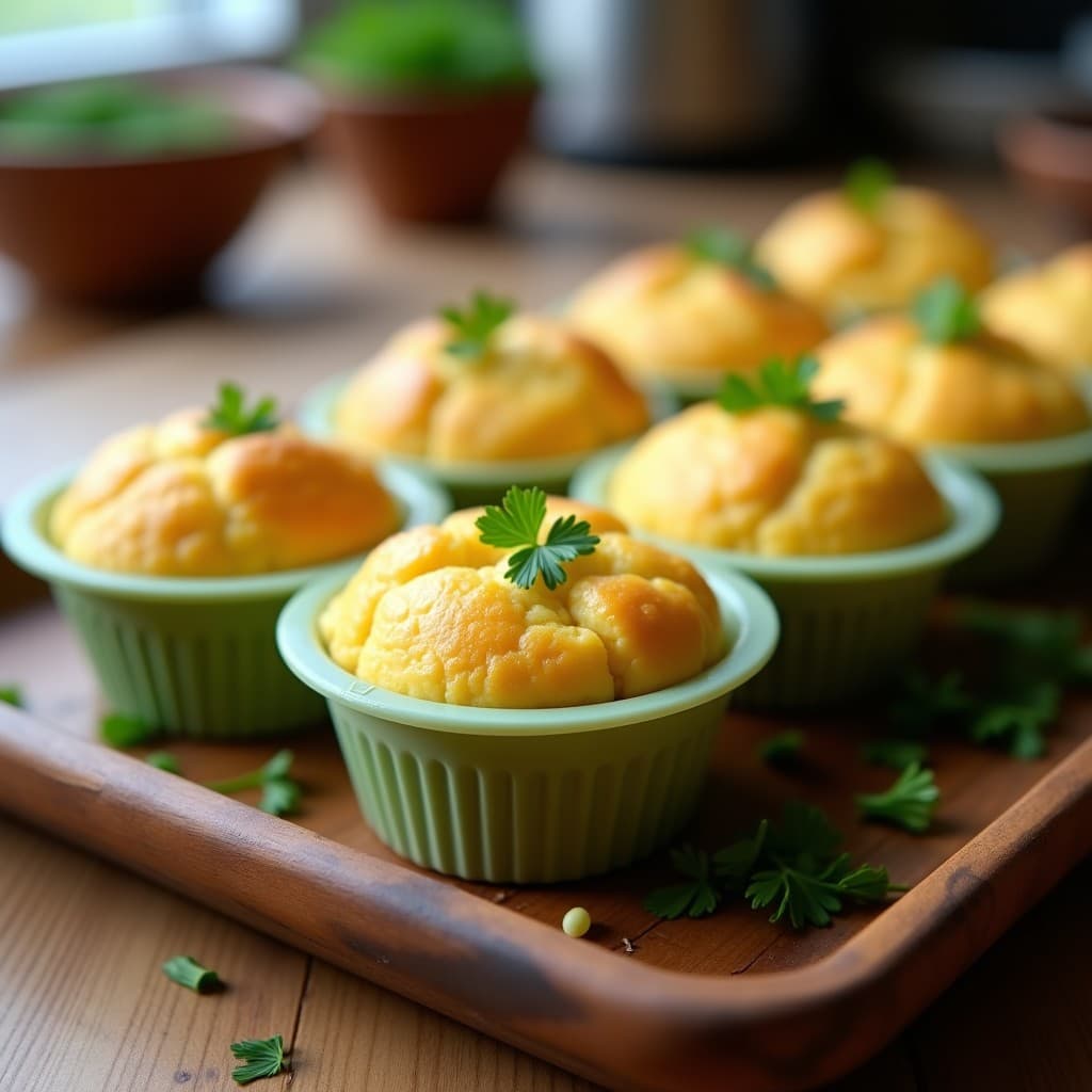 Muffins de coliflor y queso de anacardos en moldes de silicona, dorados y esponjosos, con perejil fresco picado por encima, servidos en una bandeja de madera rústica. Receta sin horno y sin gluten en Thermomix.
