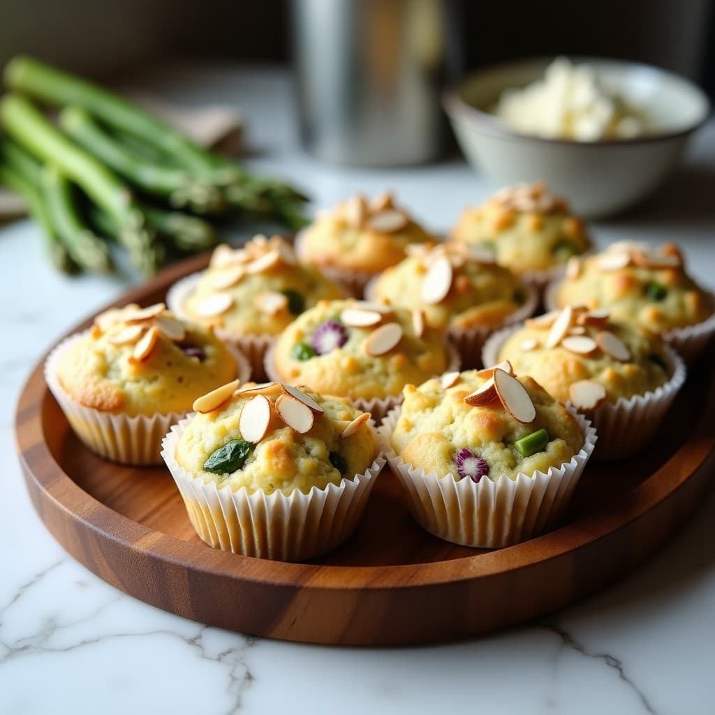 Muffins dorados de espárragos y queso de cabra con base de almendra en molde de papel, servidos en bandeja rústica con almendras fileteadas y espárragos frescos de fondo. Receta keto en Thermomix.