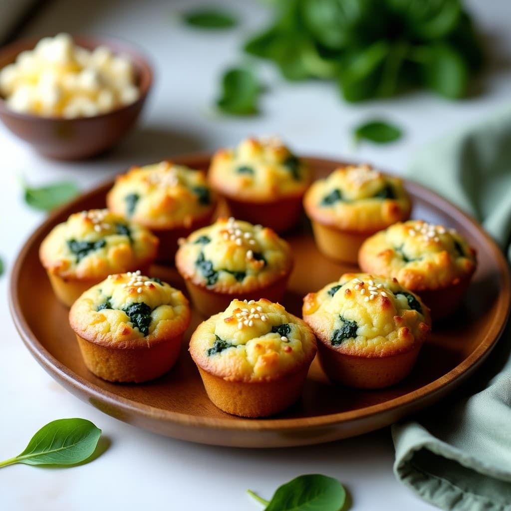 Muffins salados dorados de espinaca y queso de almendras sin gluten, servidos en un plato de madera con semillas de sésamo por encima. Receta sin lactosa ideal para tupper.