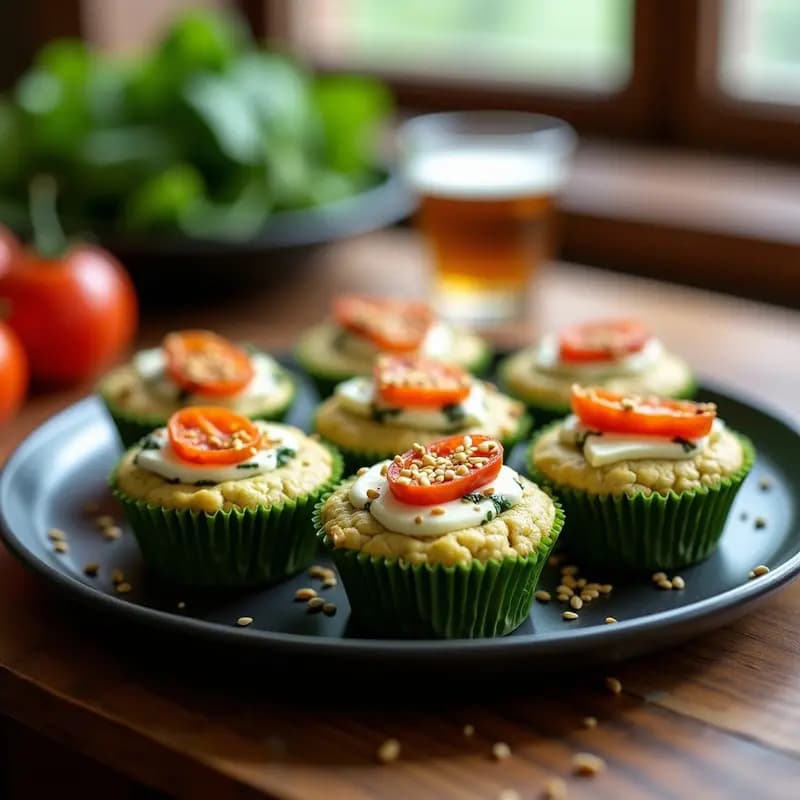 Muffins esponjosos verdes de espinaca con corazón cremoso de queso de cabra, coronados con tomates secos dorados y semillas de sésamo. Desayuno salado fitness en molde negro sobre fondo rústico de madera.