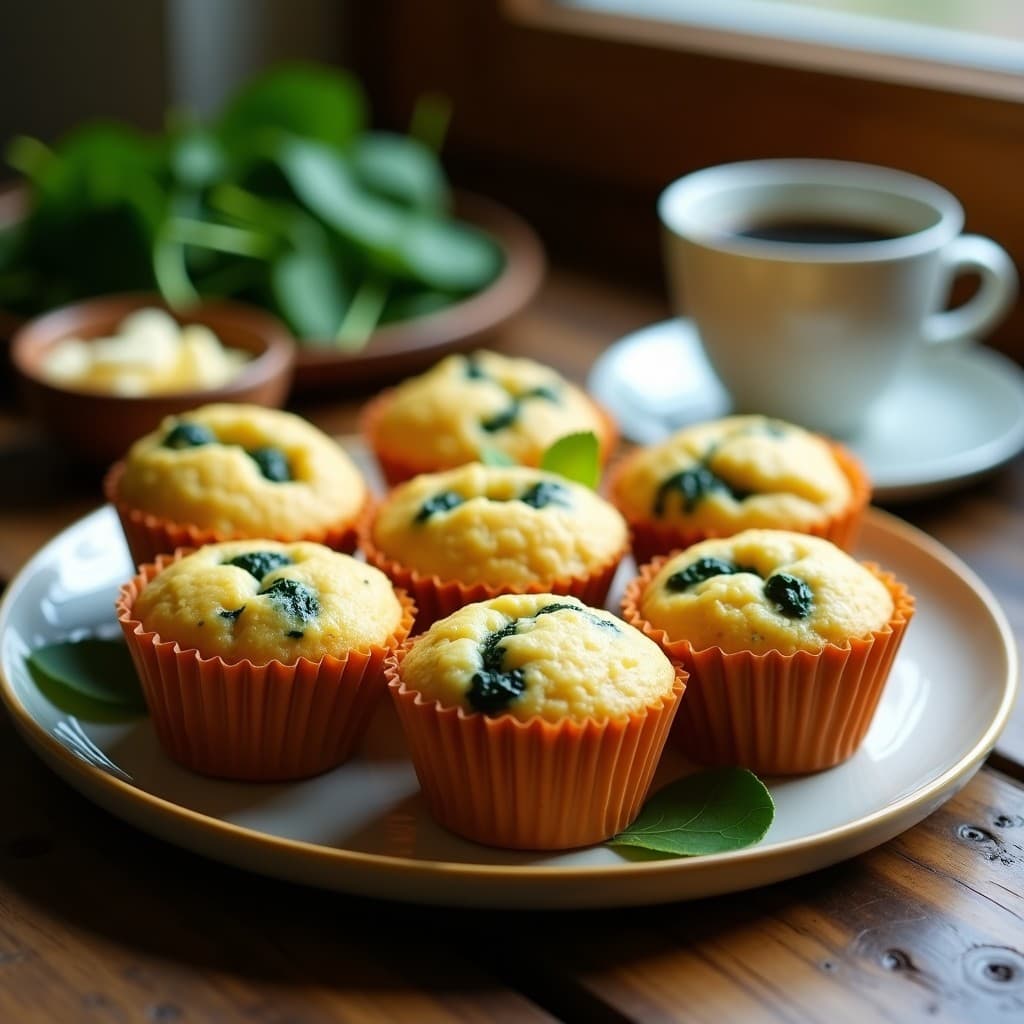Muffins dorados de espinaca y queso de cáscara vegano en airfryer, con textura esponjosa y trozos verdes de espinaca visible, servidos en molde de silicona sobre fondo rústico de madera.