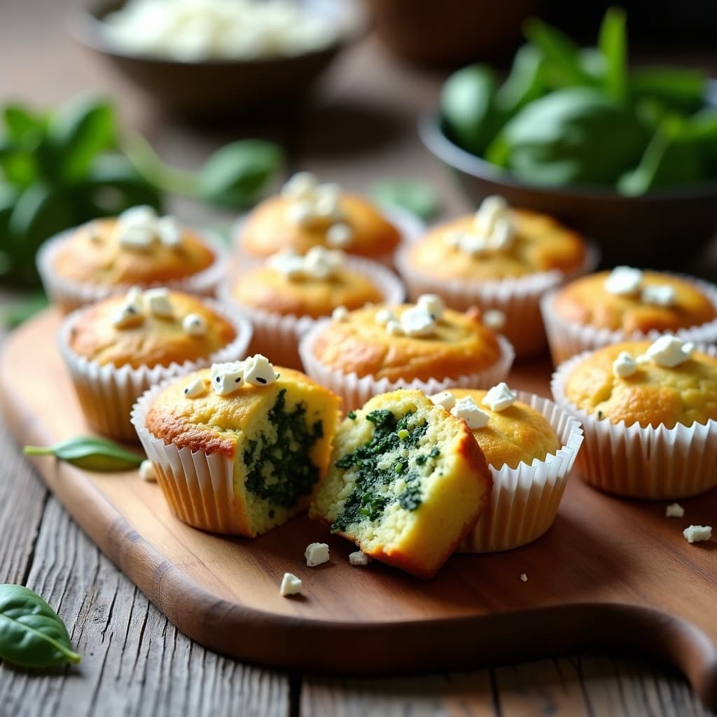Muffins salados dorados rellenos de espinaca y queso feta desmenuzado, con semillas de amapola en la superficie, servidos en molde de papel sobre tabla de madera rústica, receta Thermomix para tupper.