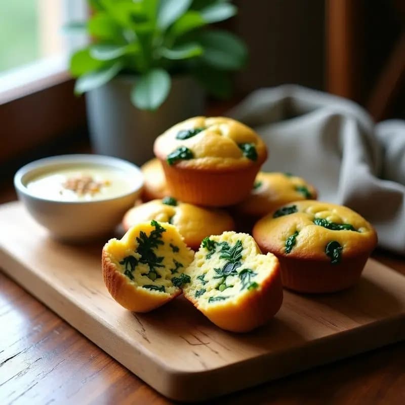 Muffins dorados de espinacas y queso de anacardo vegano sobre una tabla de madera, con textura esponjosa y trozos verdes de espinaca visibles. Plato ideal para desayuno alta en proteína.