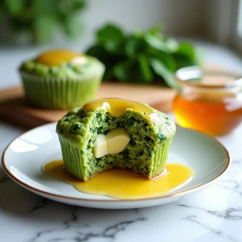 Muffins esponjosos de color verde brillante con trozos de queso de cabra fundido y hilos de miel dorada, servidos en molde de silicona con fondo de espinacas frescas.